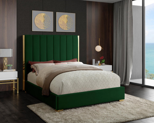 Becca Collection Modern | Contemporary Velvet Upholstered Bed with Deep Channel Tufting and Polished Gold Metal Frame, Green, Queen