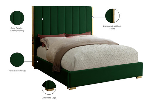 Becca Collection Modern | Contemporary Velvet Upholstered Bed with Deep Channel Tufting and Polished Gold Metal Frame, Green, Queen