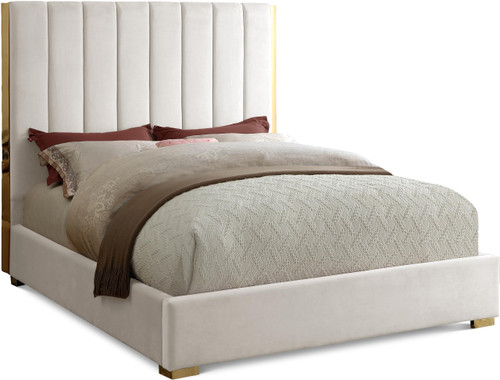 Becca Collection Modern | Contemporary Velvet Upholstered Bed with Deep Channel Tufting and Polished Gold Metal Frame, Cream, King