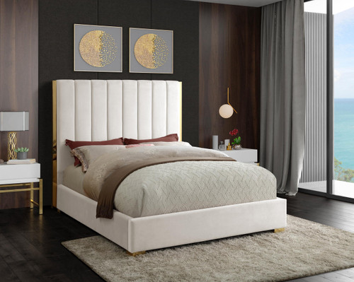 Becca Collection Modern | Contemporary Velvet Upholstered Bed with Deep Channel Tufting and Polished Gold Metal Frame, Cream, King