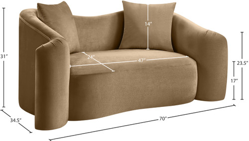 Loveseat with Ultra Luxe Beige 460 GSM Velvet, Rich Curves, 70" W x 34.5" D x 31" H, Beige
