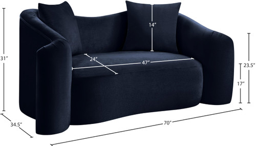 Loveseat with Ultra Luxe Navy 460 GSM Velvet, Rich Curves, 70" W x 34.5" D x 31" H, Navy