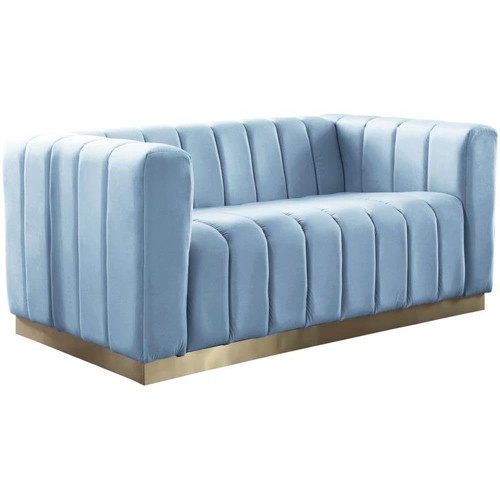 Velvet Upholstered Loveseat with Deep Channlel Tufting and Brushed Gold Finish, Sky Blue, 62.5" W x 34" D x 28" H