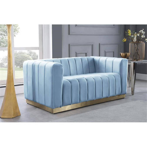 Velvet Upholstered Loveseat with Deep Channlel Tufting and Brushed Gold Finish, Sky Blue, 62.5" W x 34" D x 28" H