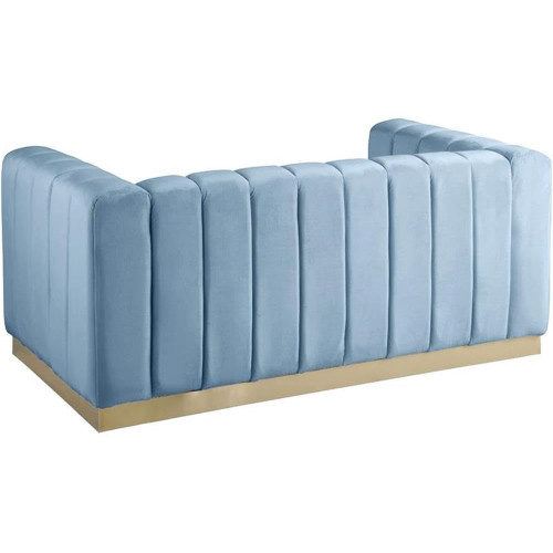 Velvet Upholstered Loveseat with Deep Channlel Tufting and Brushed Gold Finish, Sky Blue, 62.5" W x 34" D x 28" H
