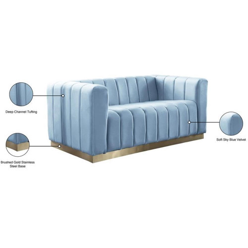 Velvet Upholstered Loveseat with Deep Channlel Tufting and Brushed Gold Finish, Sky Blue, 62.5" W x 34" D x 28" H