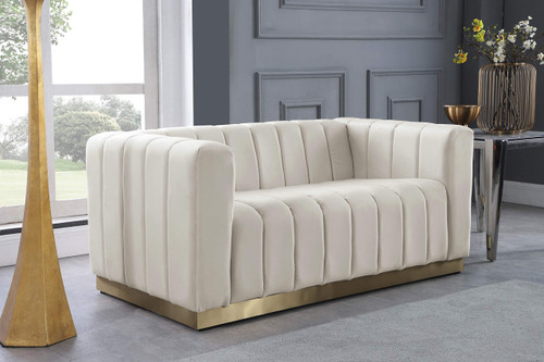 Velvet Upholstered Loveseat with Deep Channlel Tufting and Brushed Gold Finish, Cream, 62.5" W x 34" D x 28" H