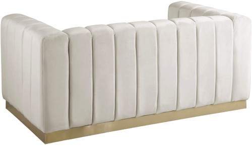 Velvet Upholstered Loveseat with Deep Channlel Tufting and Brushed Gold Finish, Cream, 62.5" W x 34" D x 28" H