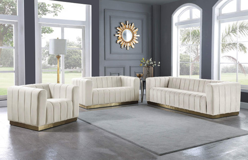 Velvet Upholstered Loveseat with Deep Channlel Tufting and Brushed Gold Finish, Cream, 62.5" W x 34" D x 28" H