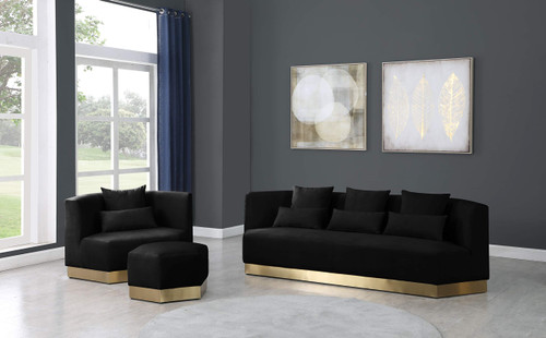 Velvet Upholstered Sofa with Stainless Steel Base in a Rich Gold Finish, 93" W x 38" D x 29" H, Black