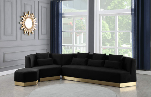 Velvet Upholstered Sofa with Stainless Steel Base in a Rich Gold Finish, 93" W x 38" D x 29" H, Black