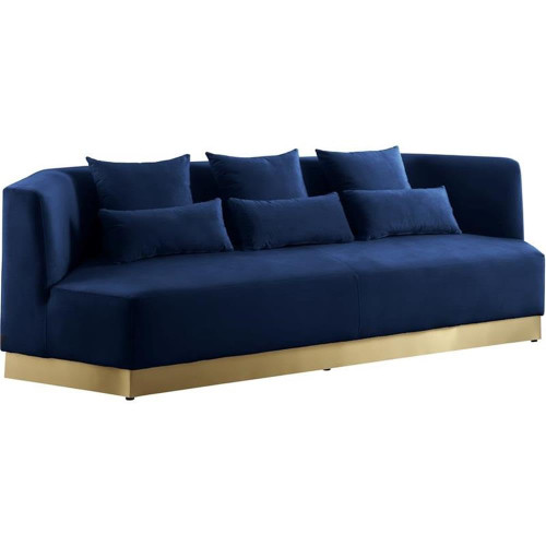 Velvet Upholstered Sofa with Stainless Steel Base in a Rich Gold Finish, 93"" W x 38"" D x 29"" H, Navy (600Navy-S)