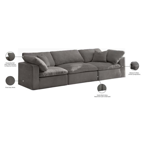 Fiber Filled Comfort Overstuffed Velvet Upholstered Modular Sofa Seating for 3 Grey