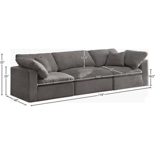 Fiber Filled Comfort Overstuffed Velvet Upholstered Modular Sofa Seating for 3 Grey
