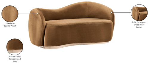 Loveseat with Luxe Saddle Velvet 460 GSM, Natural Finish Rubberwood Base, Solid Eucalyptus Wood Frame, 72.5" W x 37" D x 31" H, Saddle