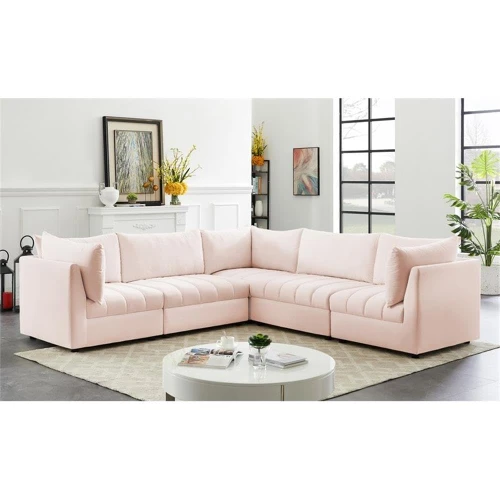 Velvet Upholstered Modular Sectional with Deep Channel Tufting, 103" W x 103" D x 32" H, Pink