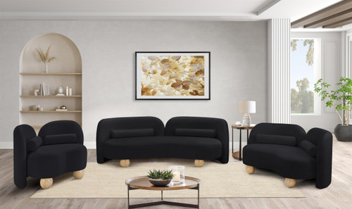 Art Deco Loveseat with Rich Black Velvet Fabric, Solid Wood Ball Legs, Solid Wood Inner Frame, 64" W x 34.5" D x 29" H, Black