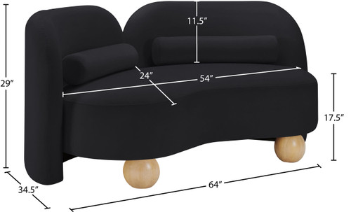 Art Deco Loveseat with Rich Black Velvet Fabric, Solid Wood Ball Legs, Solid Wood Inner Frame, 64" W x 34.5" D x 29" H, Black