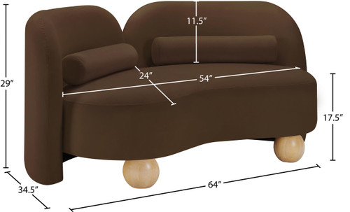 Art Deco Loveseat with Rich Brown Velvet Fabric, Solid Wood Ball Legs, Solid Wood Inner Frame, 64" W x 34.5" D x 29" H, Brown