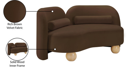 Art Deco Loveseat with Rich Brown Velvet Fabric, Solid Wood Ball Legs, Solid Wood Inner Frame, 64" W x 34.5" D x 29" H, Brown