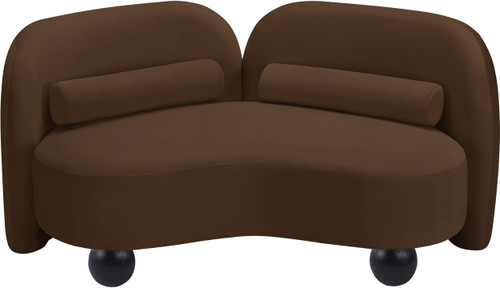 Art Deco Loveseat with Rich Brown Velvet Fabric, Solid Wood Ball Legs, Solid Wood Inner Frame, 64" W x 34.5" D x 29" H, Brown