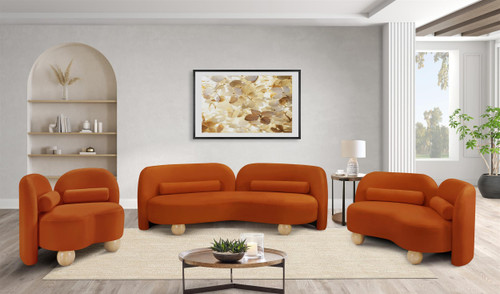 Art Deco Loveseat with Rich Cognac Velvet Fabric, Solid Wood Ball Legs, Solid Wood Inner Frame, 64" W x 34.5" D x 29" H, Cognac