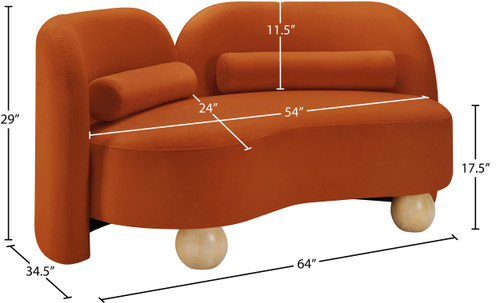 Art Deco Loveseat with Rich Cognac Velvet Fabric, Solid Wood Ball Legs, Solid Wood Inner Frame, 64" W x 34.5" D x 29" H, Cognac