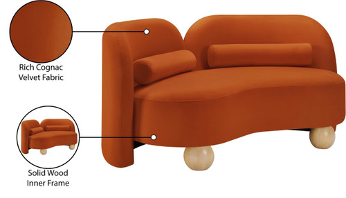 Art Deco Loveseat with Rich Cognac Velvet Fabric, Solid Wood Ball Legs, Solid Wood Inner Frame, 64" W x 34.5" D x 29" H, Cognac