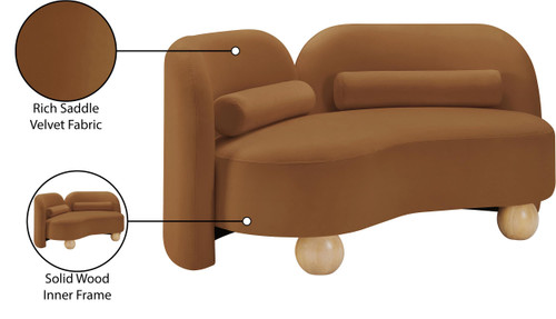 Art Deco Loveseat with Rich Saddle Velvet Fabric, Solid Wood Ball Legs, Solid Wood Inner Frame, 64" W x 34.5" D x 29" H, Saddle
