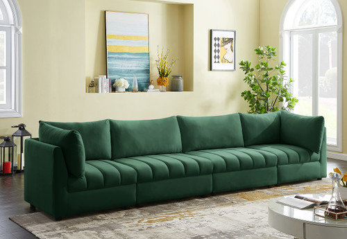 Velvet Upholstered Modular Sofa with Deep Channel Tufting, 140" W x 33.5" D x 32" H, Green
