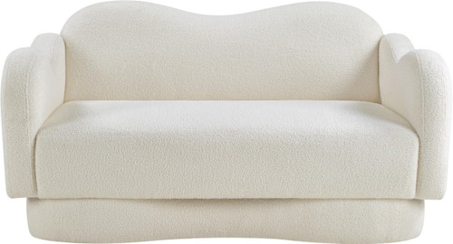 Loveseat with Soft Cream Faux Shearling Teddy Fabric, Curvy Back & Base, 58" W x 34" D x 30" H, Cream