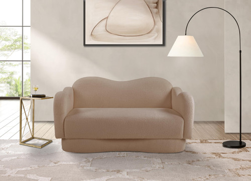 Loveseat with Soft Beige Faux Shearling Teddy Fabric, Curvy Back & Base, 58" W x 34" D x 30" H, Beige