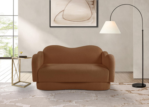 Loveseat with Soft Saddle Faux Shearling Teddy Fabric, Curvy Back & Base, 58" W x 34" D x 30" H, Saddle