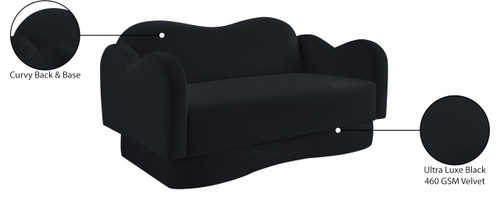 Loveseat with Ultra Luxe Black Velvet, Curvy Back & Base, Solid Wood Frame, 58" W x 34" D x 30" H, Black