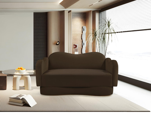 Loveseat with Ultra Luxe Brown Velvet, Curvy Back & Base, Solid Wood Frame, 58" W x 34" D x 30" H, Brown