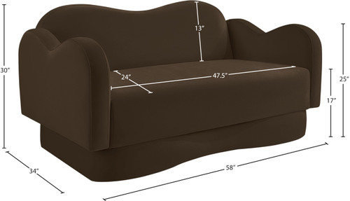 Loveseat with Ultra Luxe Brown Velvet, Curvy Back & Base, Solid Wood Frame, 58" W x 34" D x 30" H, Brown