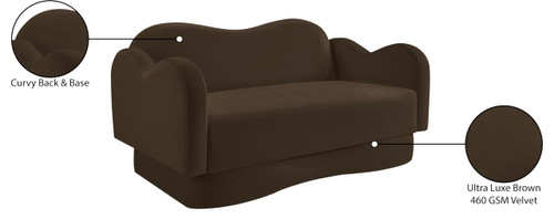 Loveseat with Ultra Luxe Brown Velvet, Curvy Back & Base, Solid Wood Frame, 58" W x 34" D x 30" H, Brown