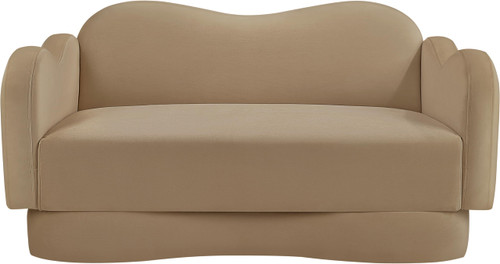 Loveseat with Ultra Luxe Camel Velvet, Curvy Back & Base, Solid Wood Frame, 58" W x 34" D x 30" H, Camel