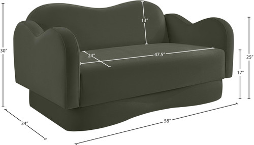 Loveseat with Ultra Luxe Green Velvet, Curvy Back & Base, Solid Wood Frame, 58" W x 34" D x 30" H, Green