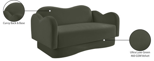 Loveseat with Ultra Luxe Green Velvet, Curvy Back & Base, Solid Wood Frame, 58" W x 34" D x 30" H, Green