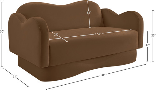 Loveseat with Ultra Luxe Saddle Velvet, Curvy Back & Base, Solid Wood Frame, 58" W x 34" D x 30" H, Saddle