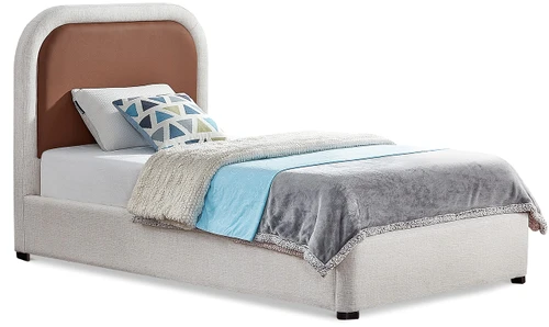 Blake-T Blake Collection Modern | Contemporary Twin Bed with Soft Brown Vegan Leather, Rich Cream Linen Textured Fabric, Full Slats, 44" W x 81" D x 45" H, Twin, Brown