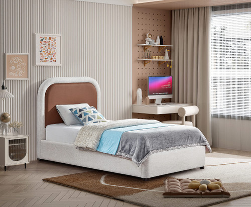 Blake-T Blake Collection Modern | Contemporary Twin Bed with Soft Brown Vegan Leather, Rich Cream Linen Textured Fabric, Full Slats, 44" W x 81" D x 45" H, Twin, Brown