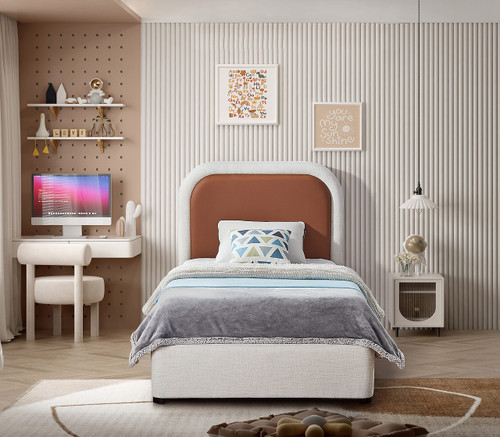 Blake-T Blake Collection Modern | Contemporary Twin Bed with Soft Brown Vegan Leather, Rich Cream Linen Textured Fabric, Full Slats, 44" W x 81" D x 45" H, Twin, Brown