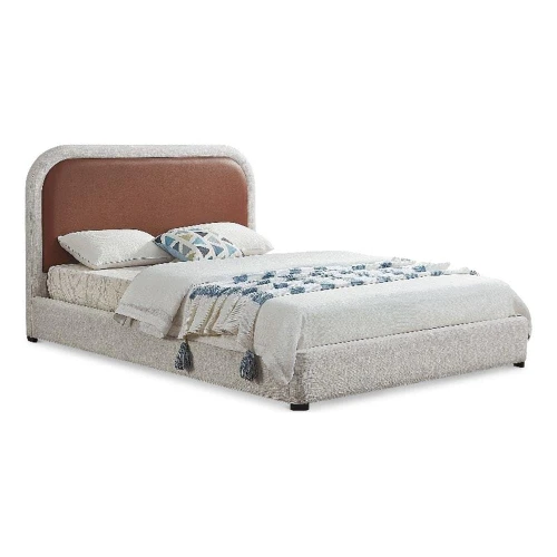 Blake-Q Blake Collection Modern | Contemporary Queen Bed with Soft Brown Vegan Leather, Rich Cream Linen Textured Fabric, Full Slats, 65" W x 86" D x 45" H, Queen, Brown