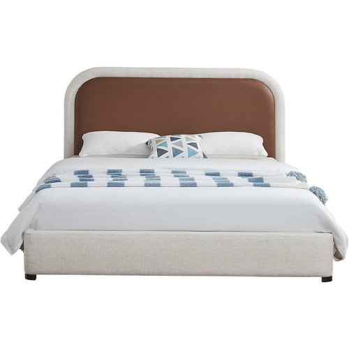 Blake-Q Blake Collection Modern | Contemporary Queen Bed with Soft Brown Vegan Leather, Rich Cream Linen Textured Fabric, Full Slats, 65" W x 86" D x 45" H, Queen, Brown