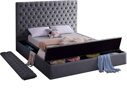 BlissGray-K Bliss Collection Modern | Contemporary Velvet Upholstered Bed with Deep Button Tufting and Storage Compartments in Rails and Footboard, Gray, King