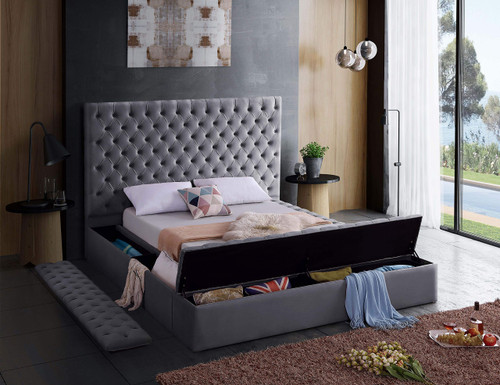 BlissGray-K Bliss Collection Modern | Contemporary Velvet Upholstered Bed with Deep Button Tufting and Storage Compartments in Rails and Footboard, Gray, King