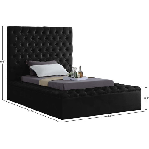 Bliss Collection Modern | Contemporary Velvet Upholstered Bed with Deep Button Tufting and Storage Compartments in Rails and Footboard, Black, Twin