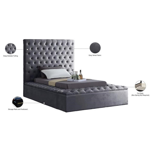 Bliss Collection Modern | Contemporary Velvet Upholstered Bed with Deep Button Tufting and Storage Compartments in Rails and Footboard, Gray, Twin